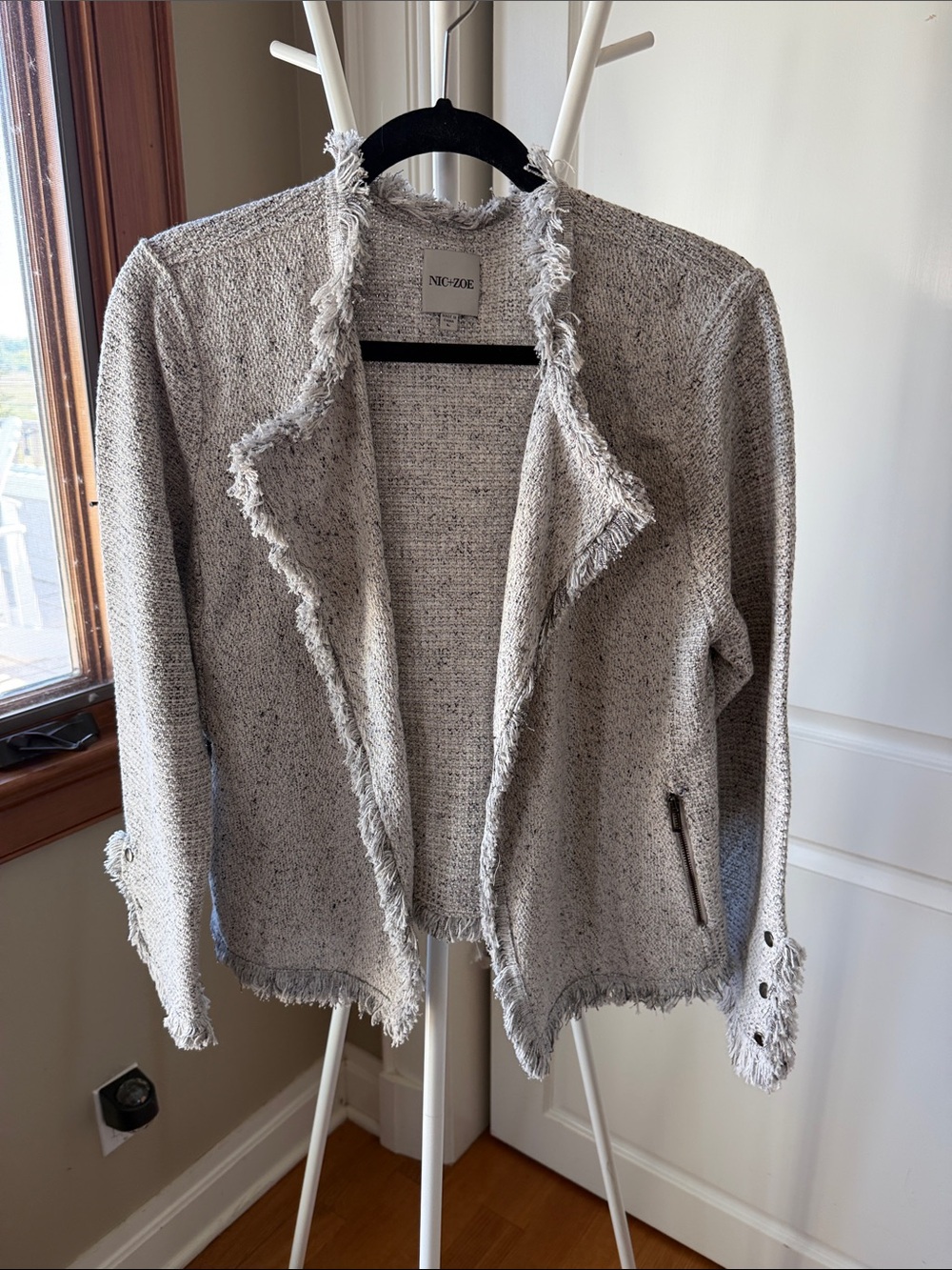 NIC+ZOE Heathered Light Gray Fringe Knit Jacket